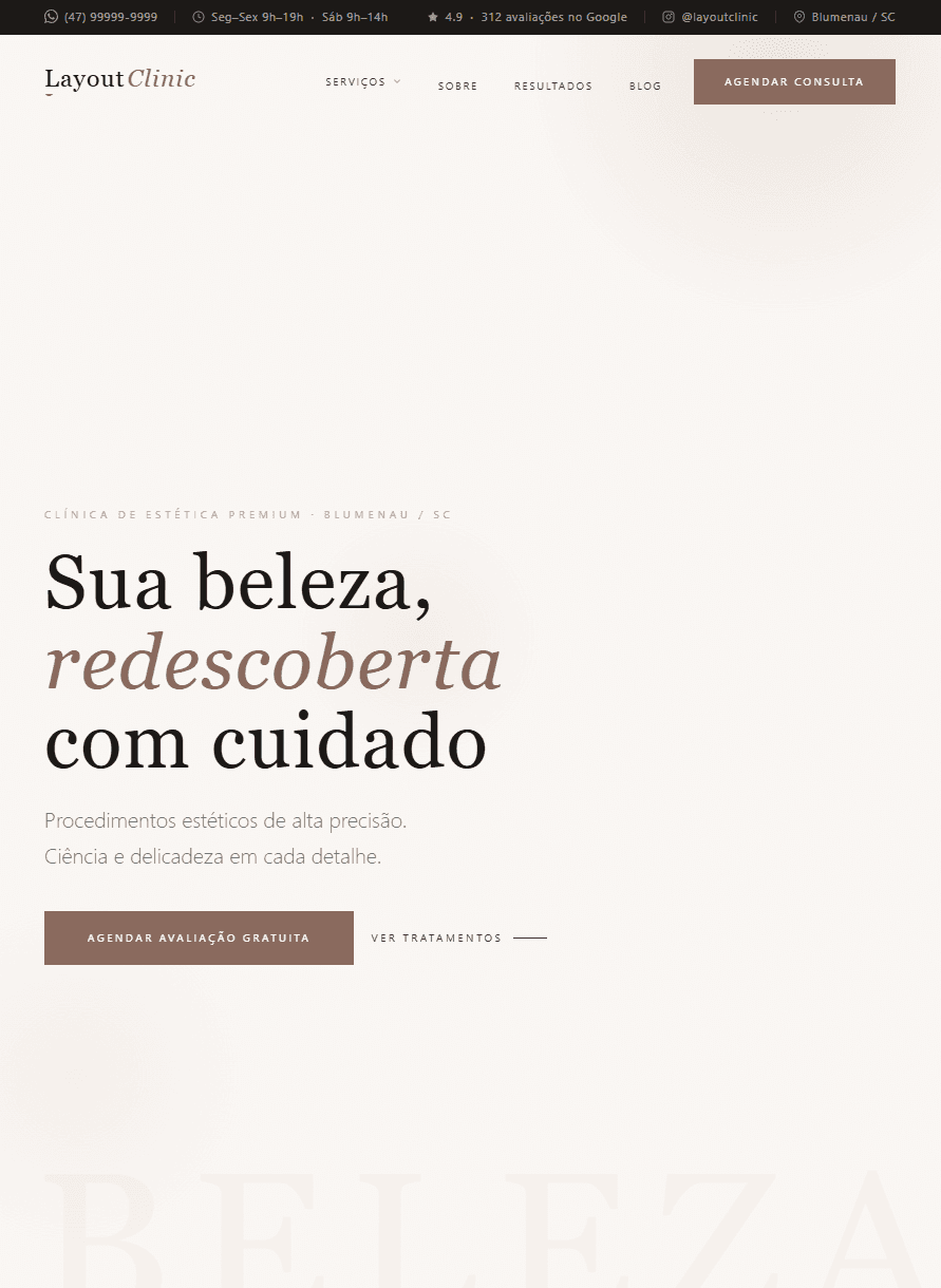 Demonstração de site para Layout Clinica Estética